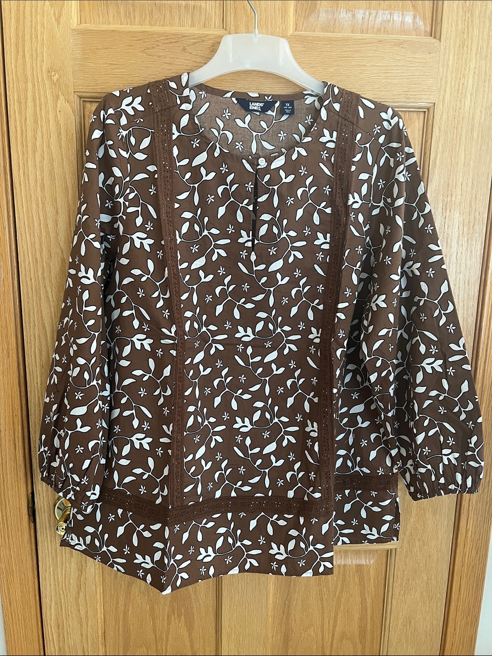 Lands' End Brown Floral Lace-Detail Peasant Top - Size 1X - NWT